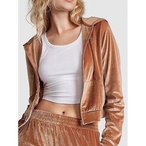 Victoria's Secret PINK Velour Shine Logo Full-Zip Crop Hoodie Caramel Kiss XL